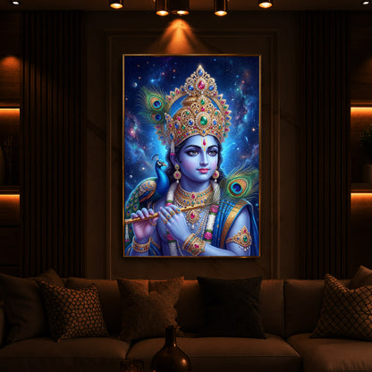Hindu Deity Lord Krishna Modern Luxury Backlight Vertical Wall Art