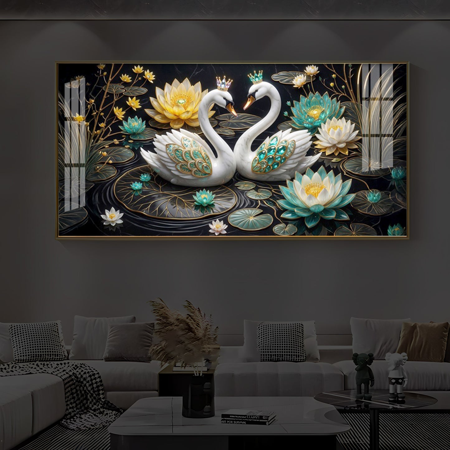 Pair Of White Swans Modern Luxury Backlight Horizontal Wall Art