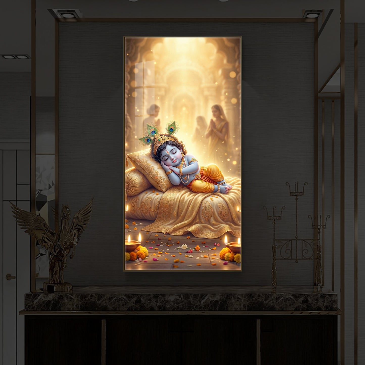 Sleeping Little Krishna Ji Modern Luxury Backlight Vertical Wall Art