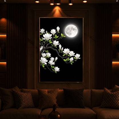 Moonlit White Magnolia Modern Luxury Backlight Vertical Wall Art