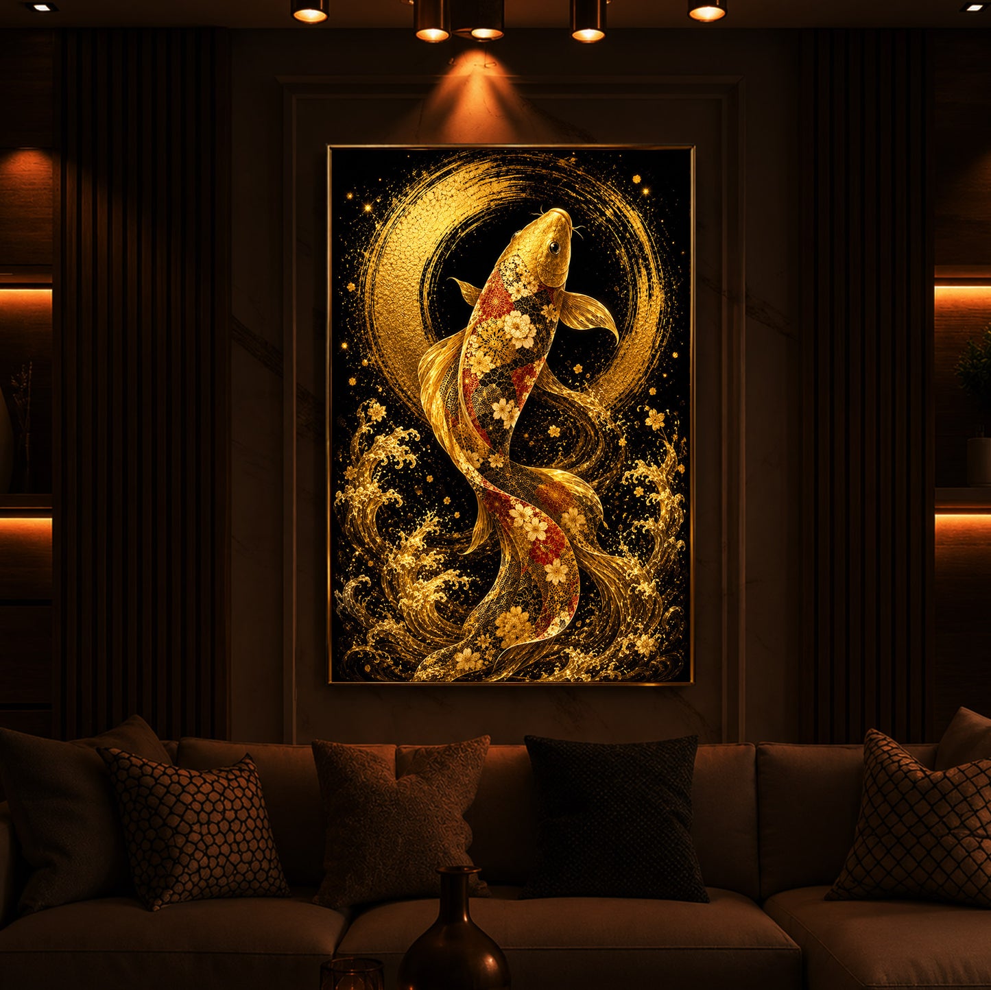 Golden Koi Fish Modern Luxury Backlight Vertical Wall Art