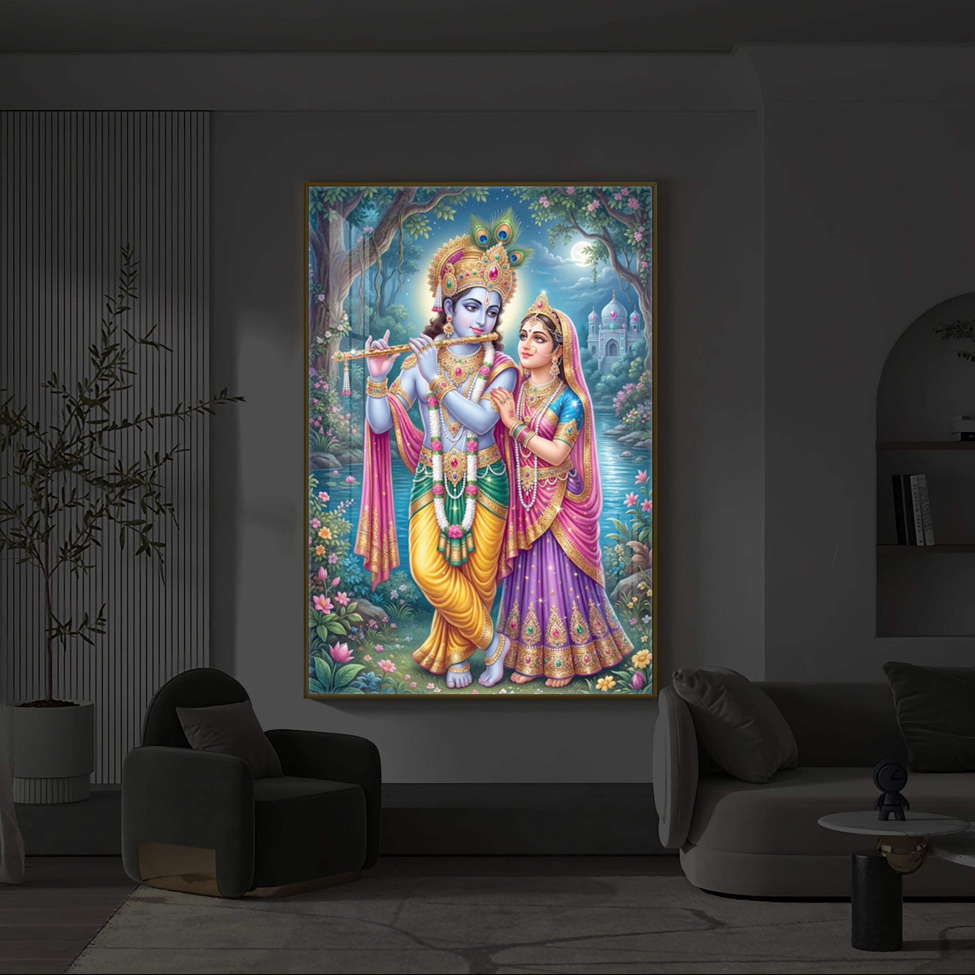 Hindu Deities Radha and Krishna Modern Luxury Backlight Vertical Wall Art