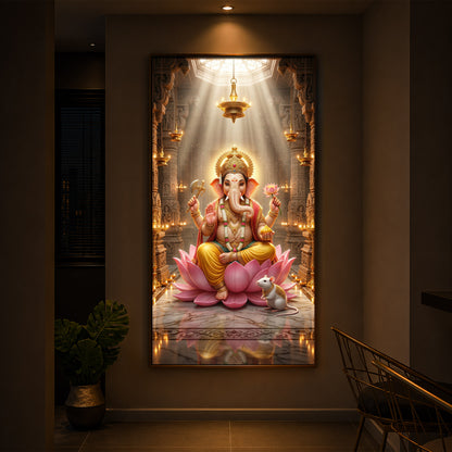 Lord Ganesh Ji On Lotus Modern Luxury Backlight Vertical Wall Art