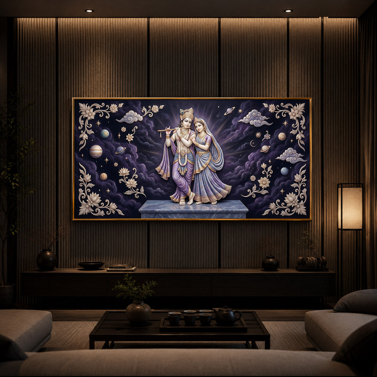 Radha Krishna With Purple Background Modern Luxury Backlight Horizontal Wall Art