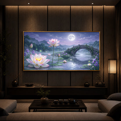 Moonlit Lotus Bridge Modern Luxury Backlight Horizontal Wall Art