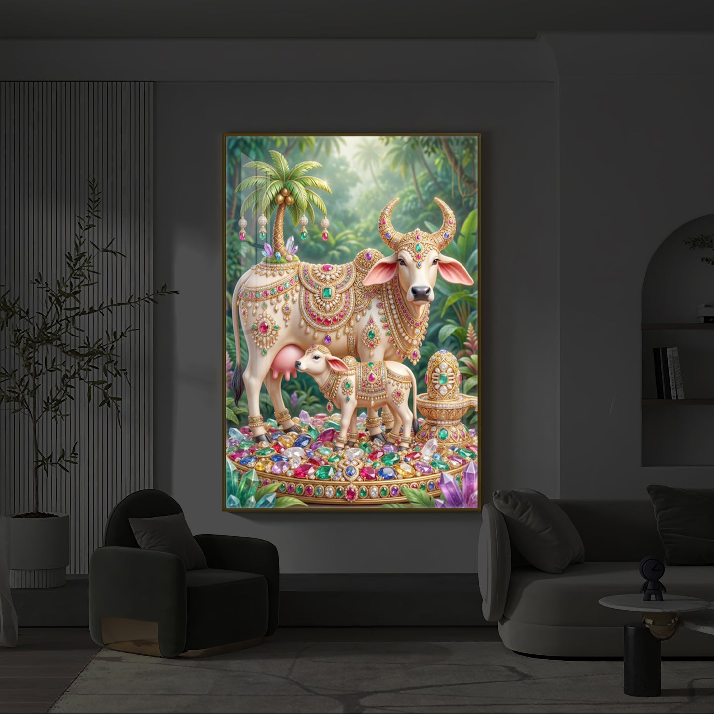 Kamadhenu Cow With Shiv Ji Modern Luxury Backlight Vertical Wall Art
