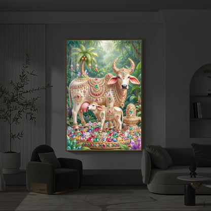 Kamadhenu Cow With Shiv Ji Modern Luxury Backlight Vertical Wall Art
