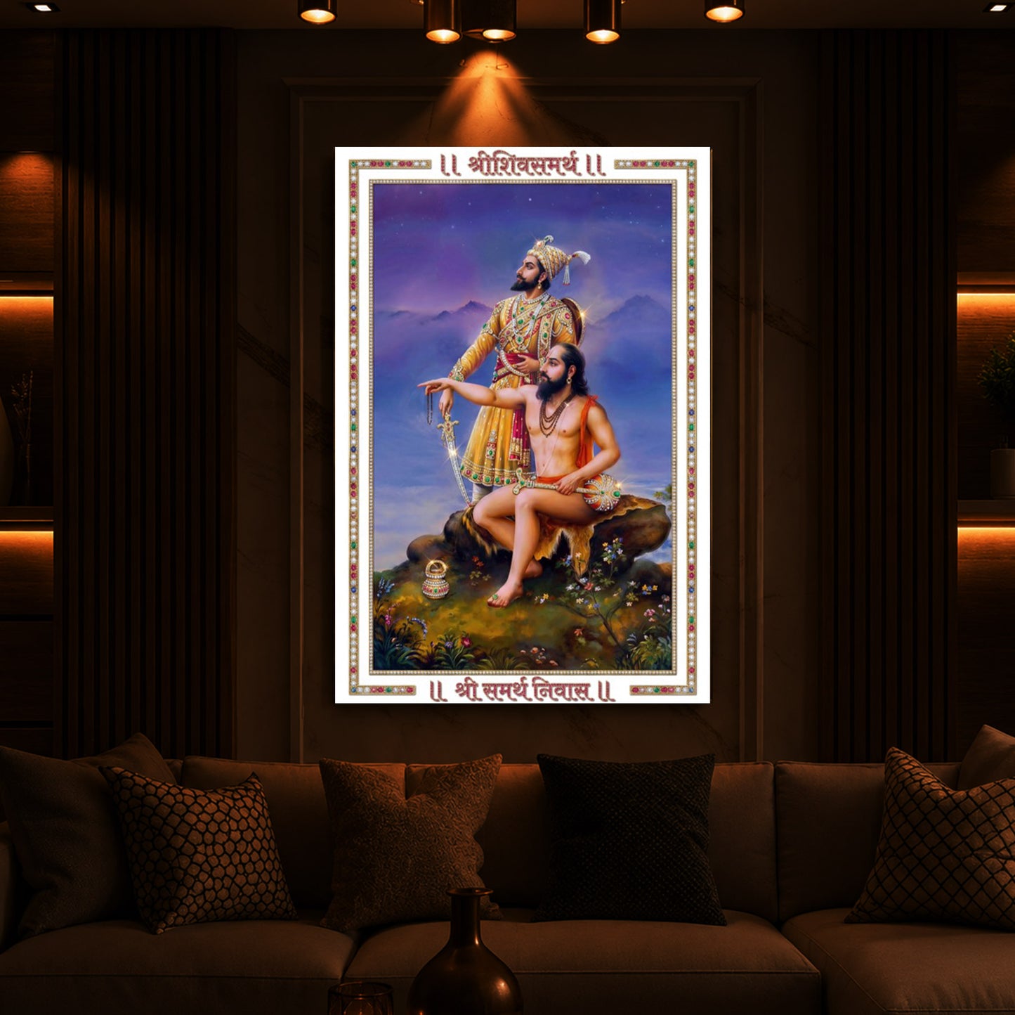 Samarth Ramdas Swami and Shivaji Maharaj Modern Luxury Backlight Vertical Wall Art