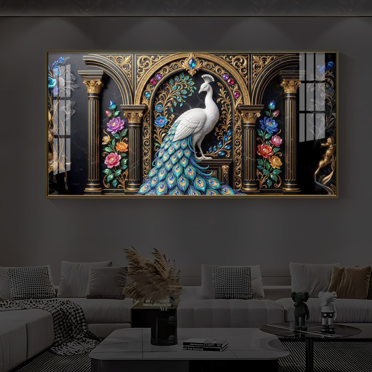 White Peacock Against A Dark Modern Luxury Backlight Horizontal Wall Art