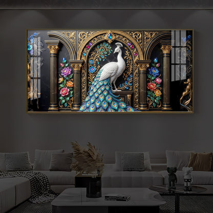 White Peacock Against A Dark Modern Luxury Backlight Horizontal Wall Art