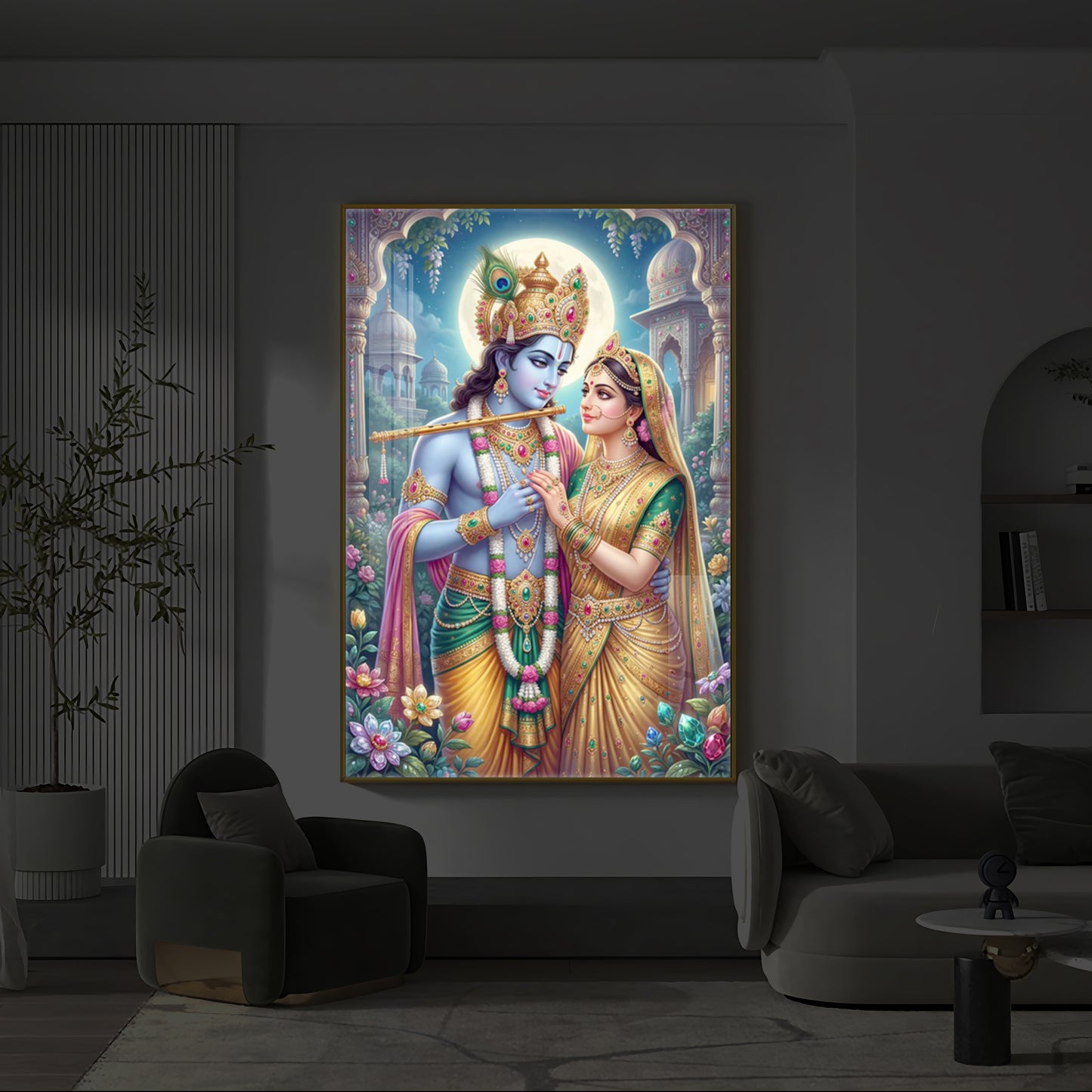Goddess Shri Radha and God Krishna Modern Luxury Backlight Vertical Wall Art
