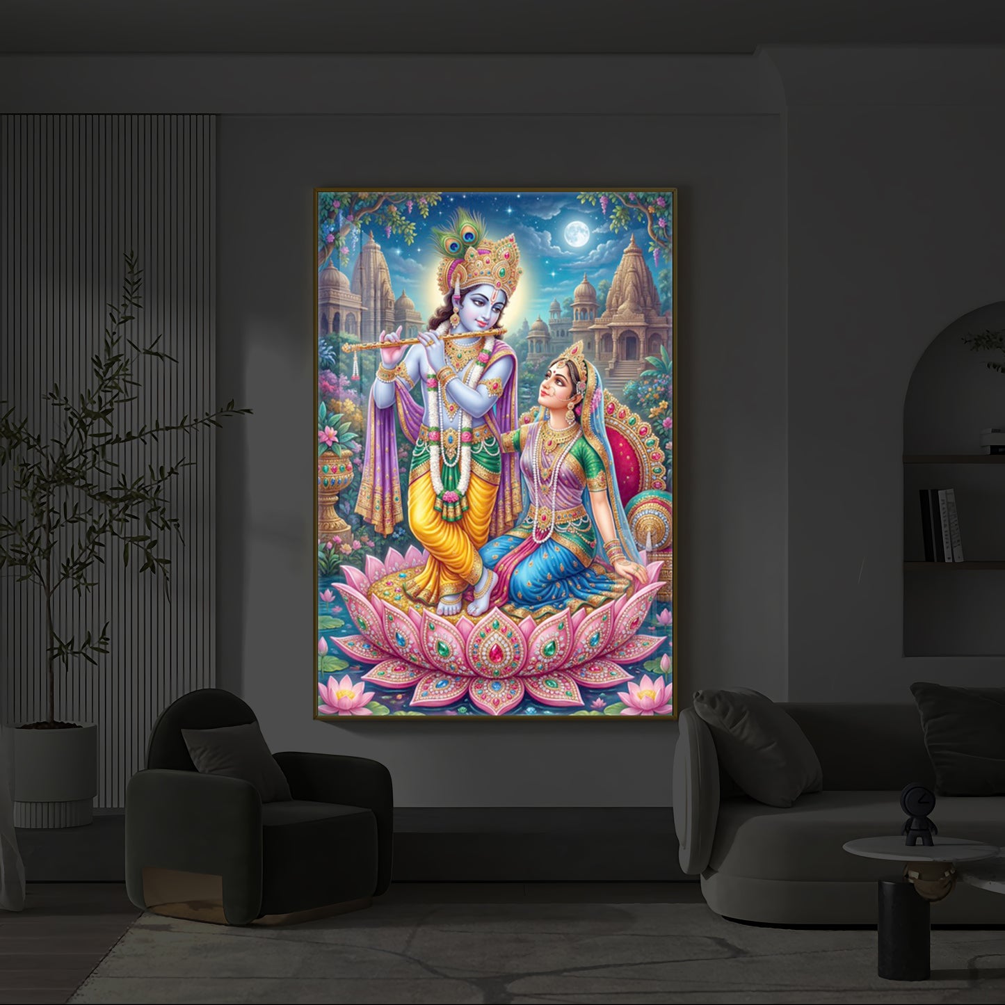 Goddess Radha and God Krishna Modern Luxury Backlight Vertical Wall Art