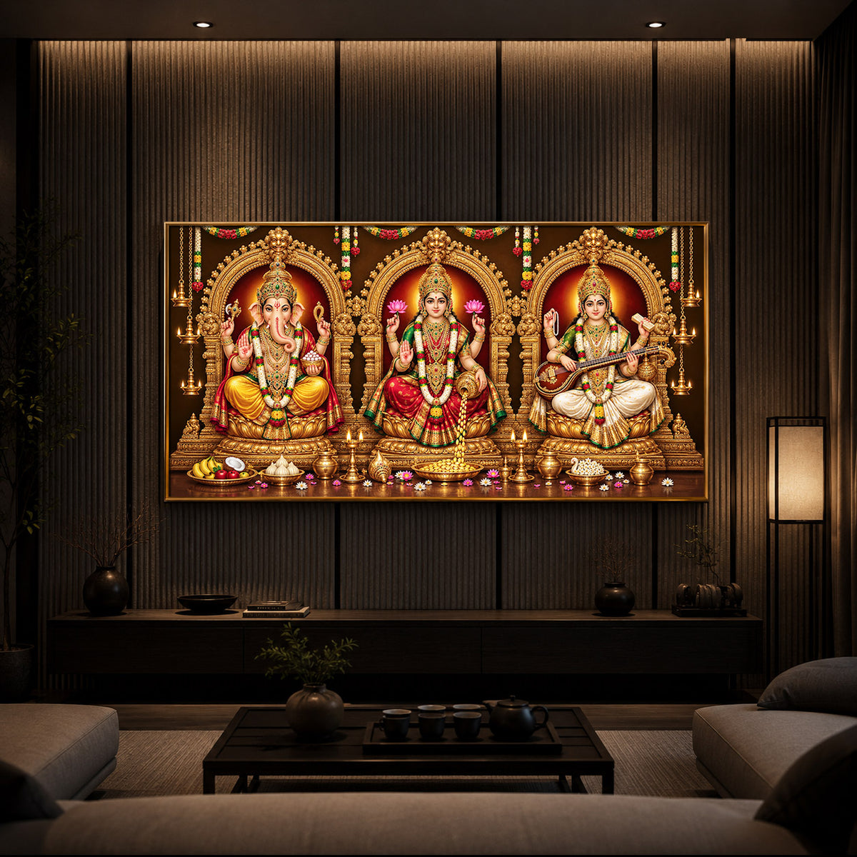 Lord Ganesha, Goddess Lakshmi, and Goddess Saraswati Modern Luxury Backlight Horizontal Wall Art
