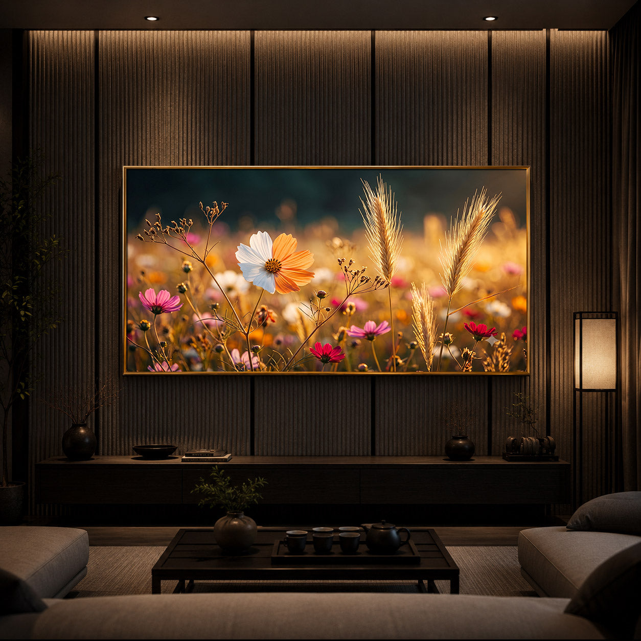 Golden Wildflower Meadow Modern Luxury Backlight Horizontal Wall Art