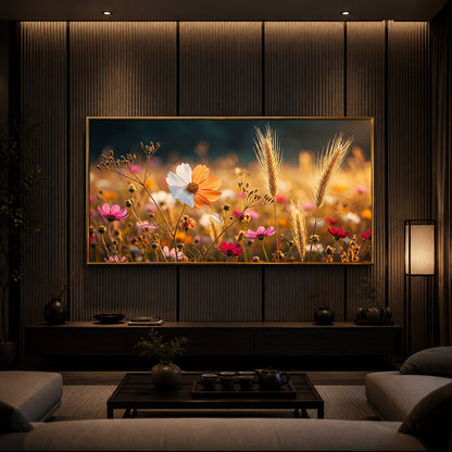 Golden Wildflower Meadow Modern Luxury Backlight Horizontal Wall Art