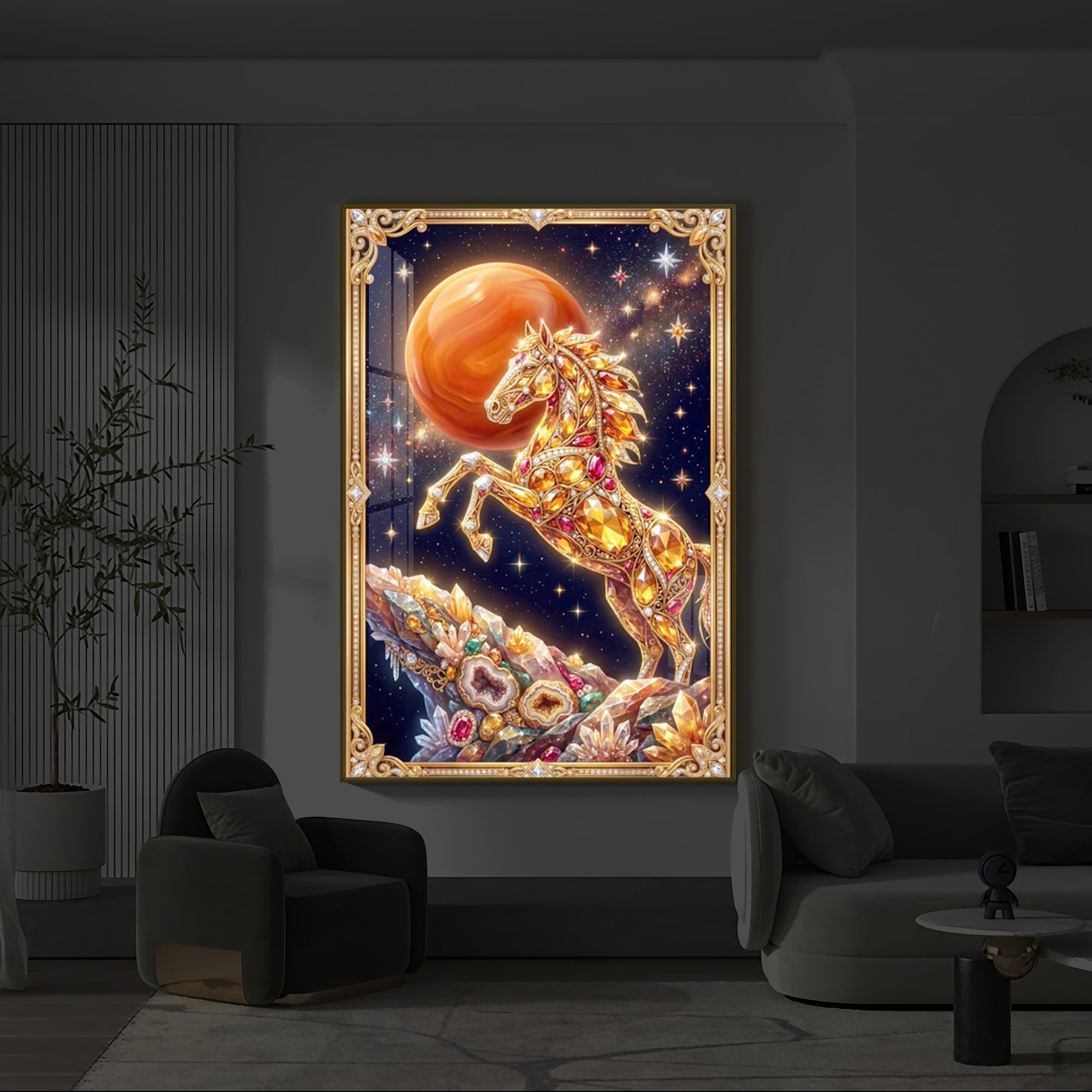 Horse In Dancing Posture Modern Luxury Backlight Vertical Wall Art