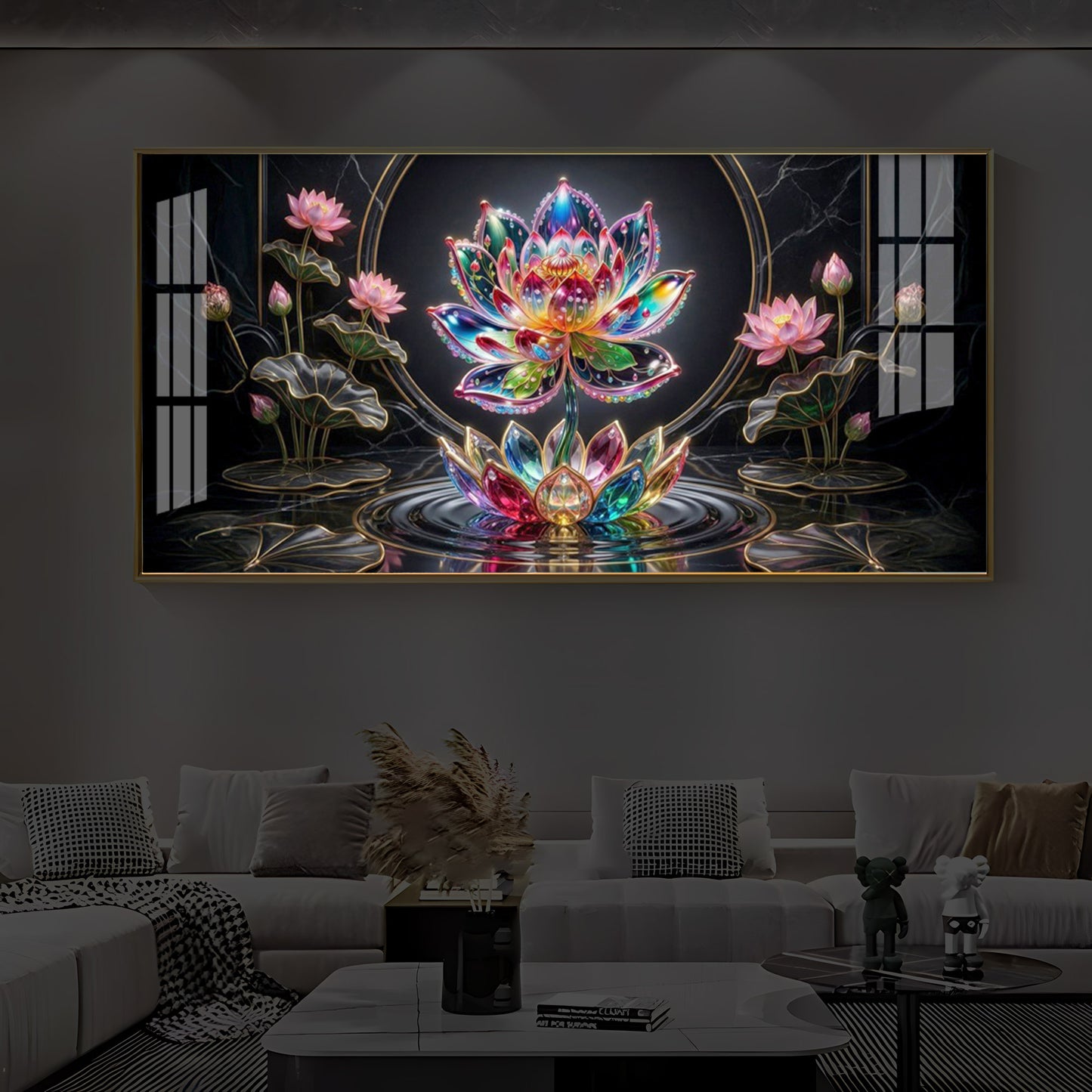 Colorful Lotus Flower Modern Luxury Backlight Horizontal Wall Art