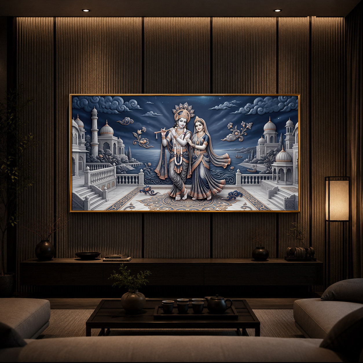 Divine Radha Krishna With Flute Modern Luxury Backlight Horizontal Wall Art
