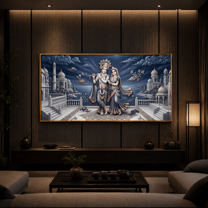 Divine Radha Krishna With Flute Modern Luxury Backlight Horizontal Wall Art