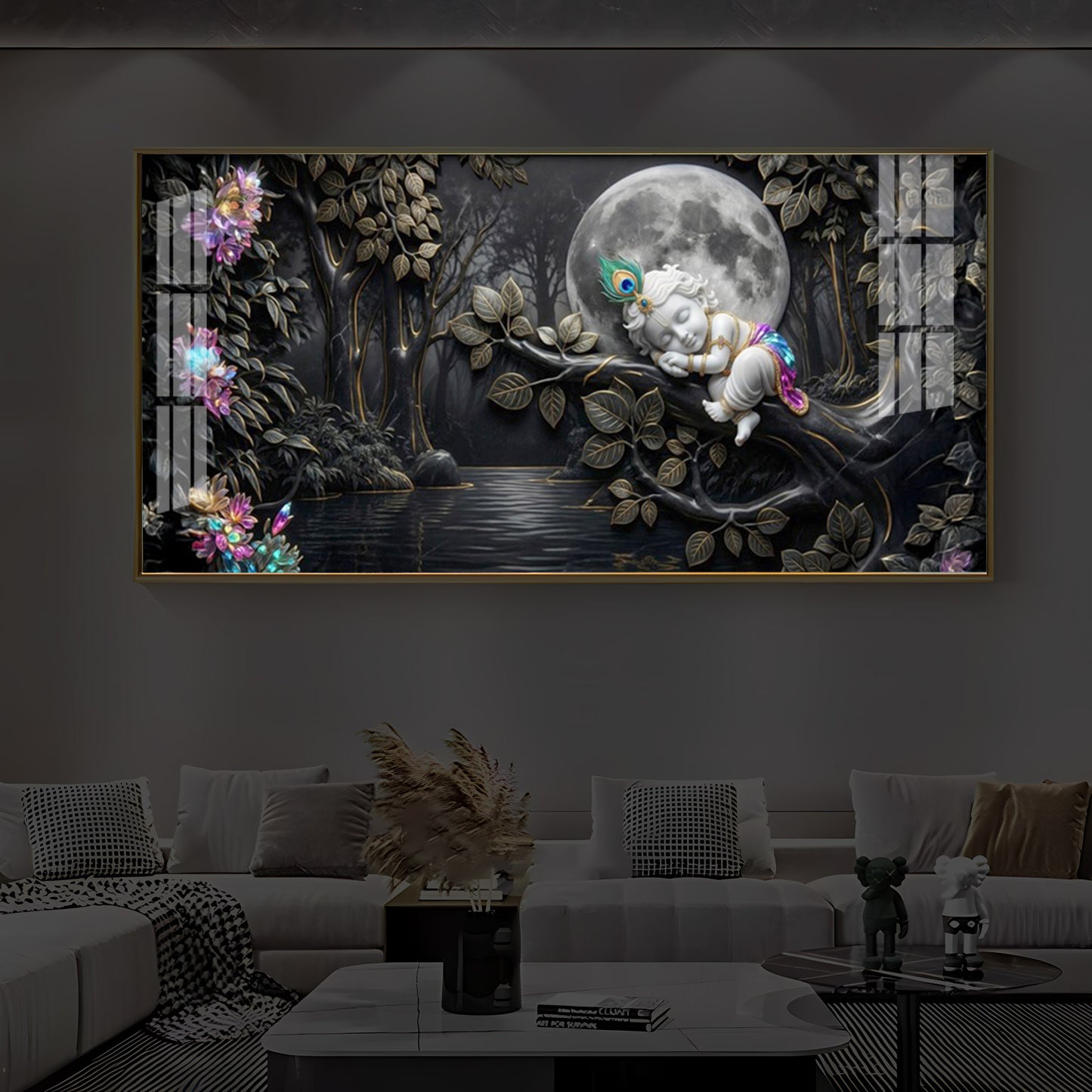 Divine Lord Little Krishna Modern Luxury Backlight Horizontal Wall Art