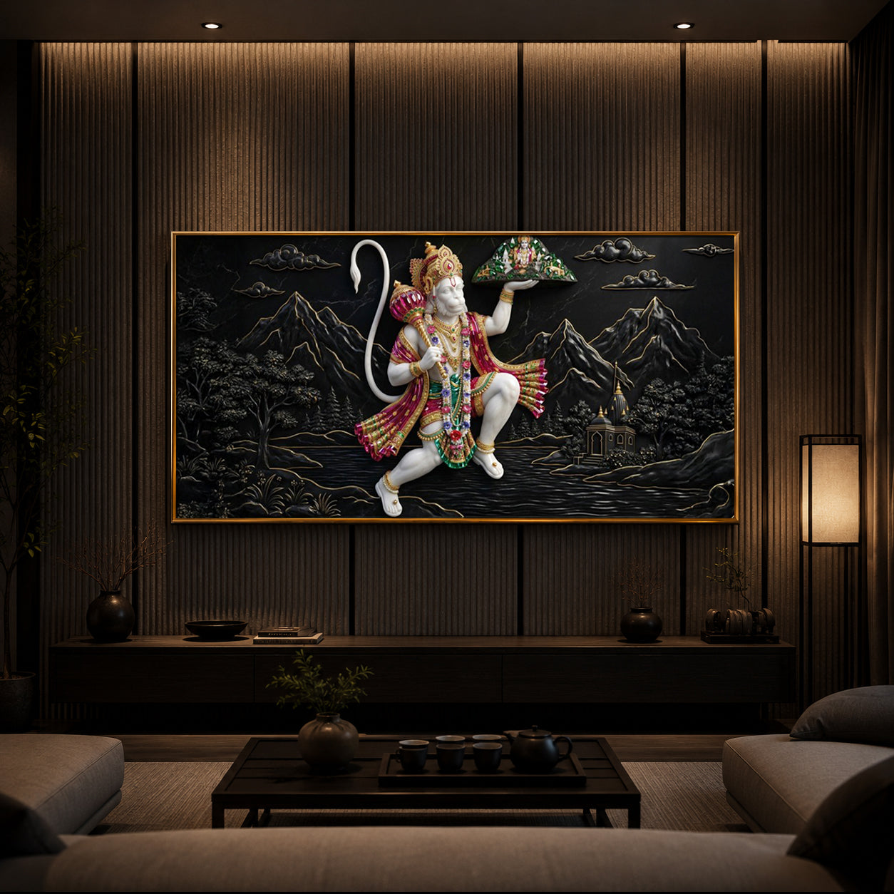 Lord Hanuman Carrying Sanjeevani Mountain Modern Luxury Backlight Horizontal Wall Art