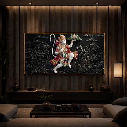 Lord Hanuman Carrying Sanjeevani Mountain Modern Luxury Backlight Horizontal Wall Art