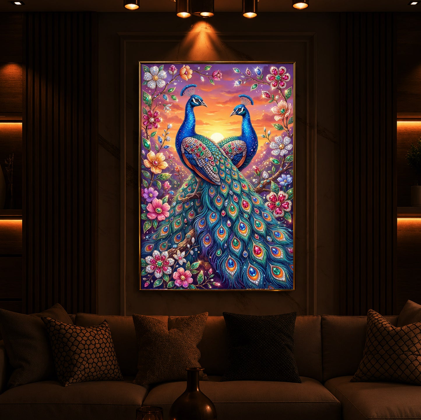 Majestic Pair Of Peacocks Modern Luxury Backlight Vertical Wall Art