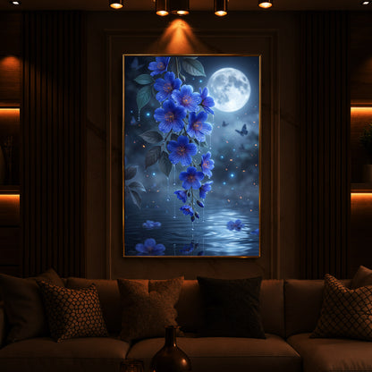 Moonlit Blue Blossoms Modern Luxury Backlight Vertical Wall Art