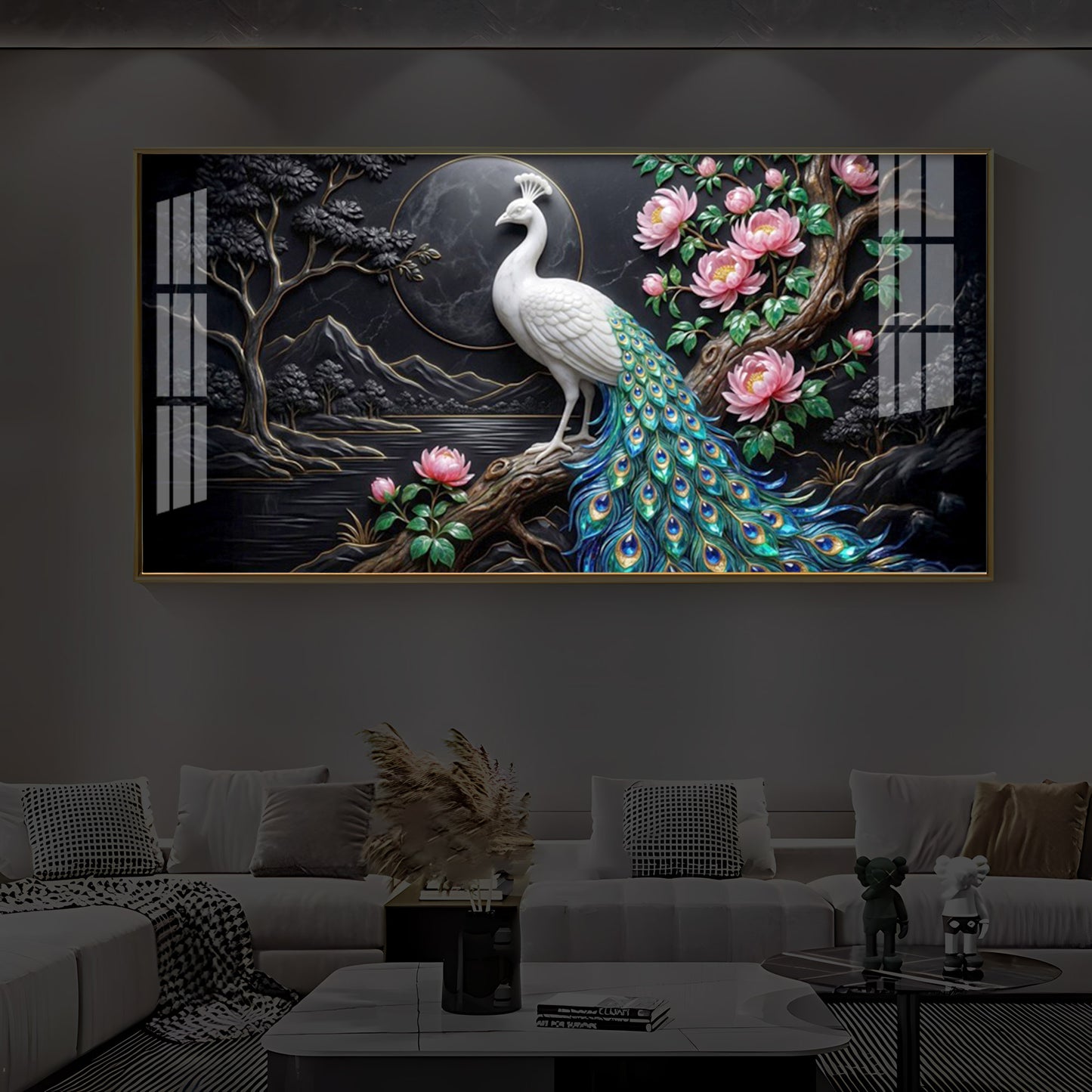 White Peacock With Flowers Modern Luxury Backlight Horizontal Wall Art