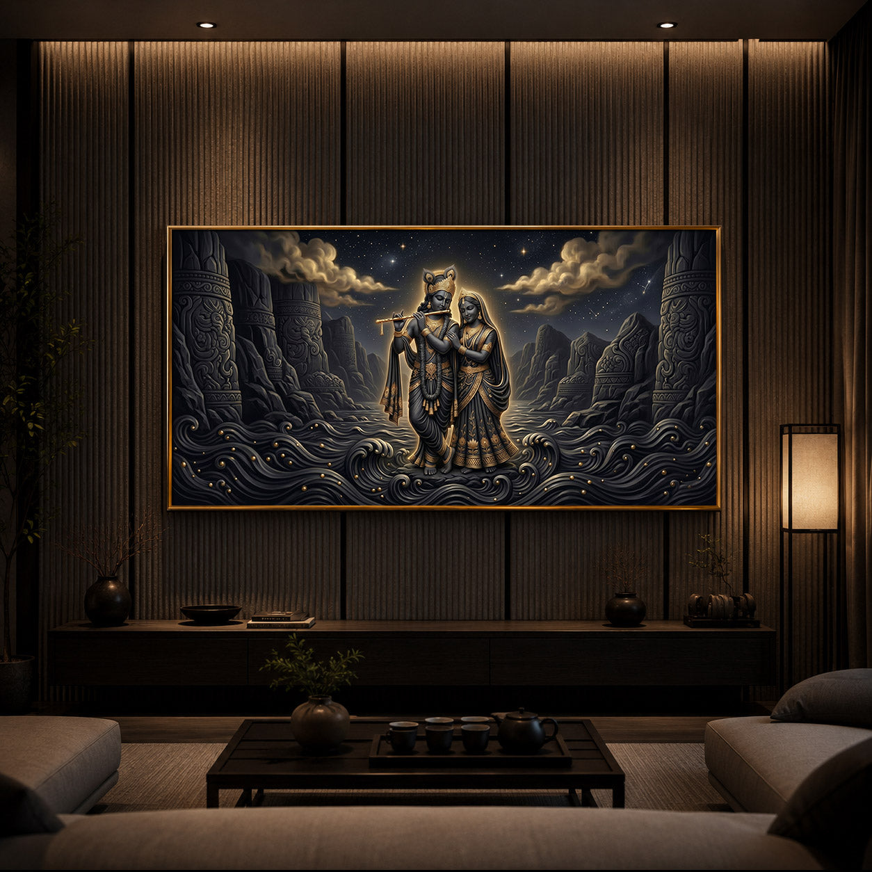 Depiction Of Radha Krishna Modern Luxury Backlight Horizontal Wall Art