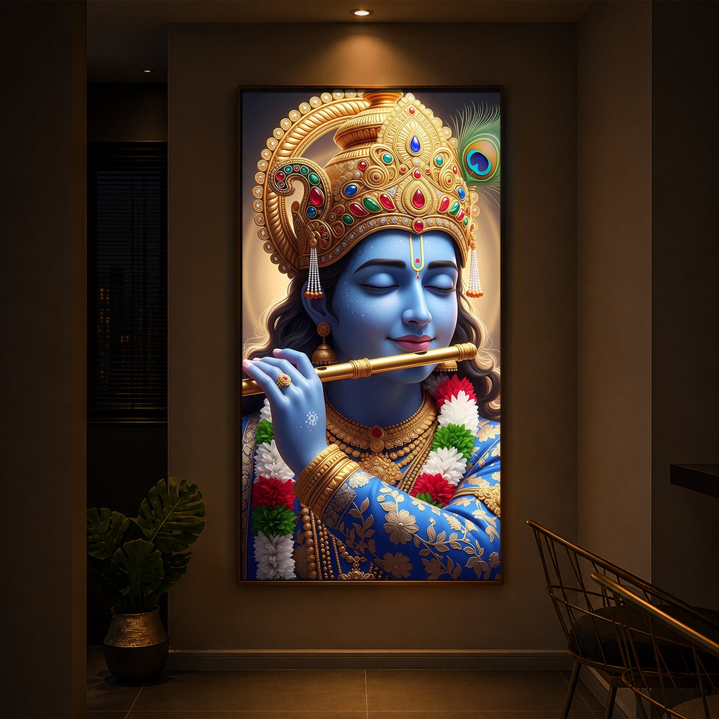Lord Krishna Modern Luxury Backlight Vertical Wall Art
