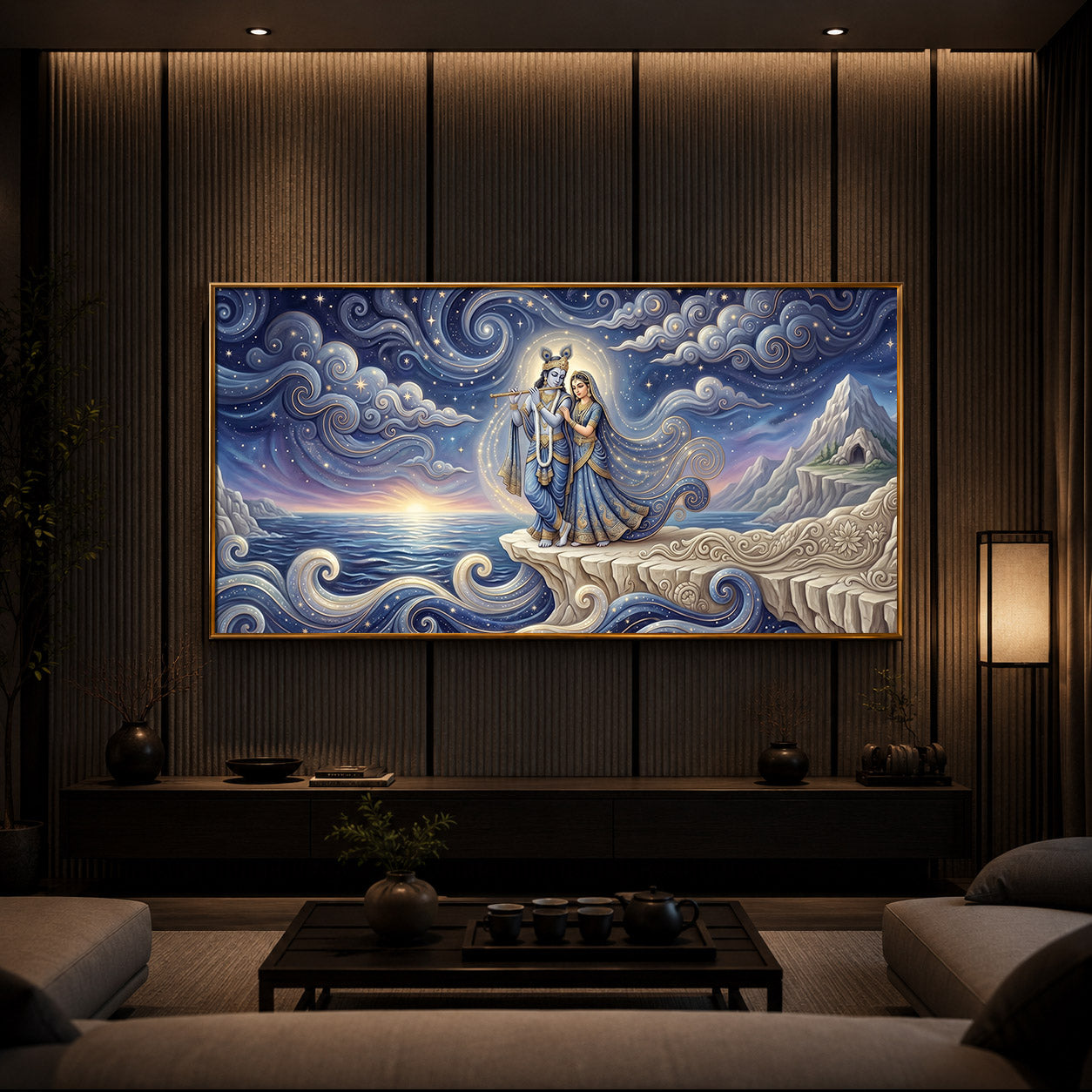 Divine Couple Radha Krishna With Flute Modern Luxury Backlight Horizontal Wall Art
