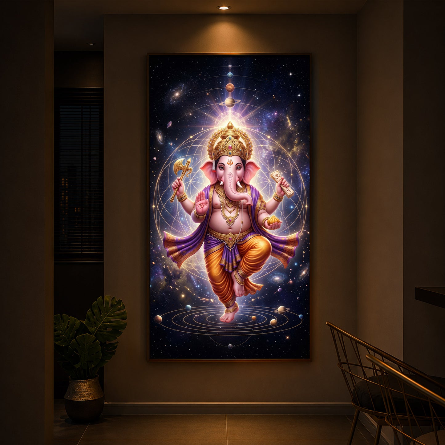 Shree Ganesha's Celestial Embrace Modern Luxury Backlight Vertical Wall Art