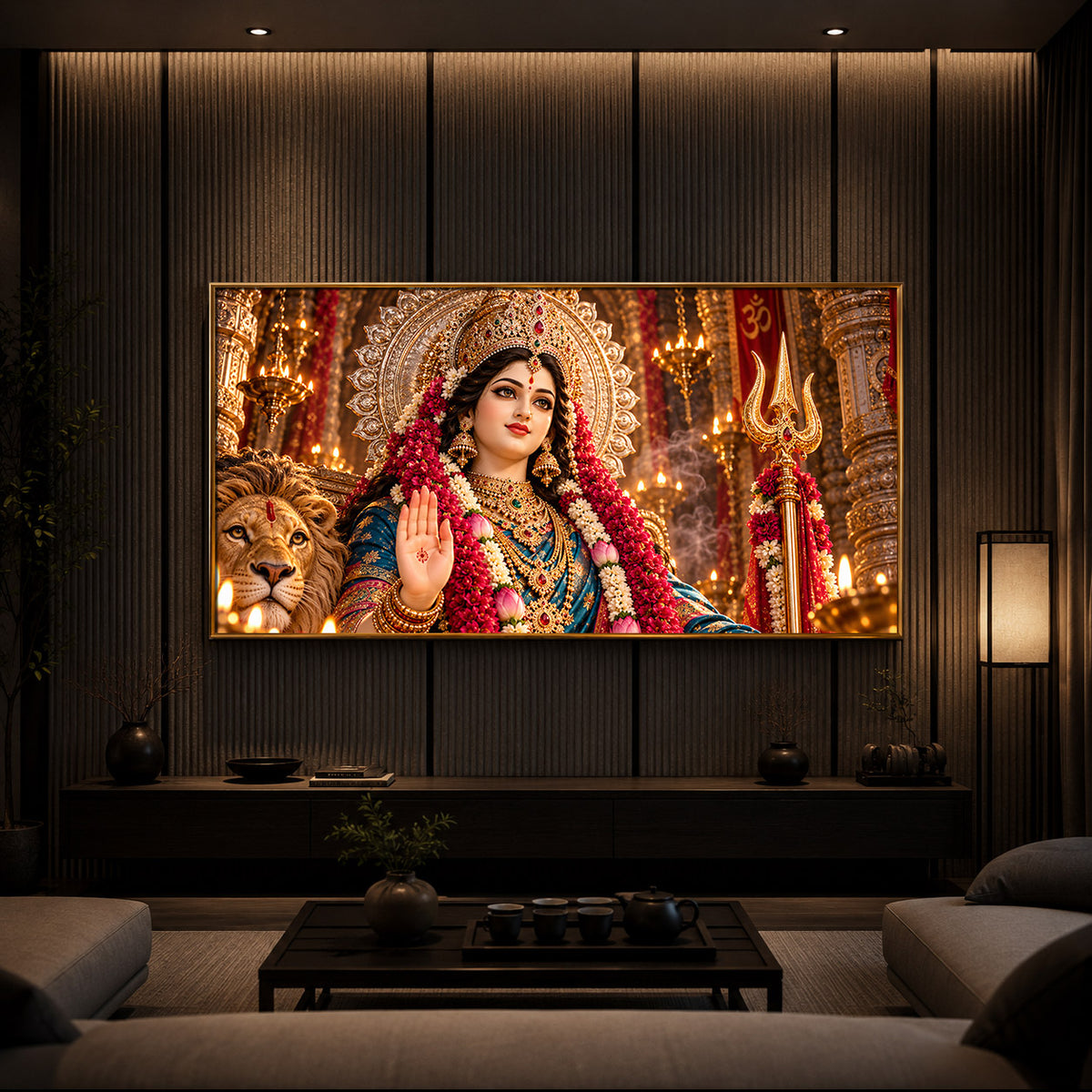 Divine Maa Durga Modern Luxury Backlight Horizontal Wall Art