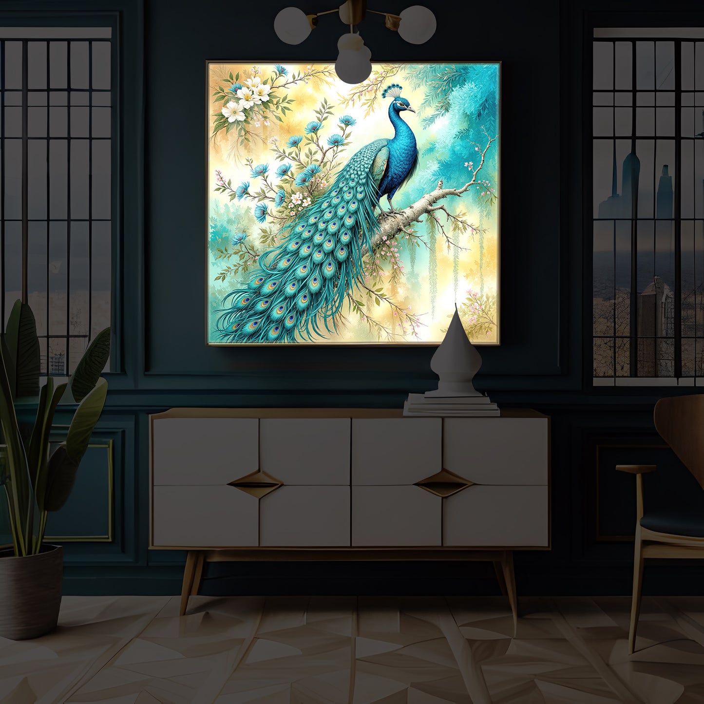 Peacock Perch Art Modern Luxury Backlight Square Wall Art