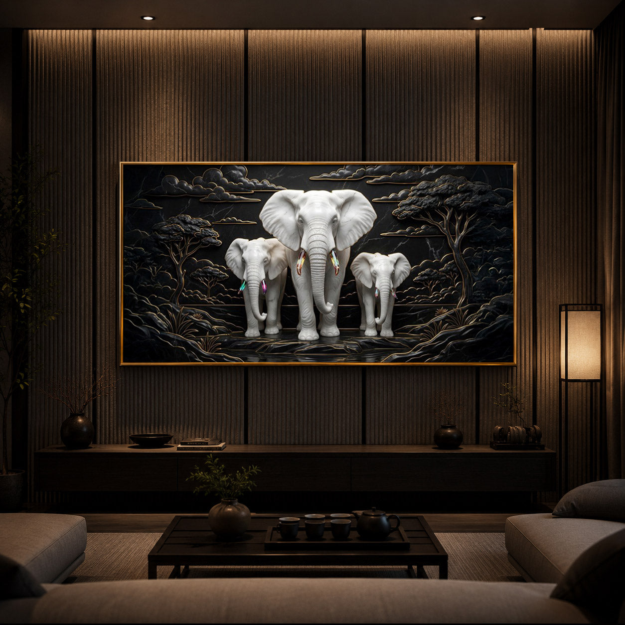 White Elephant Family Modern Luxury Backlight Horizontal Wall Art