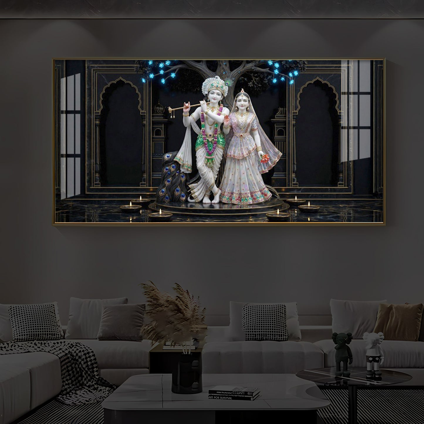 Radha Krishna With Flute Modern Luxury Backlight Horizontal Wall Art