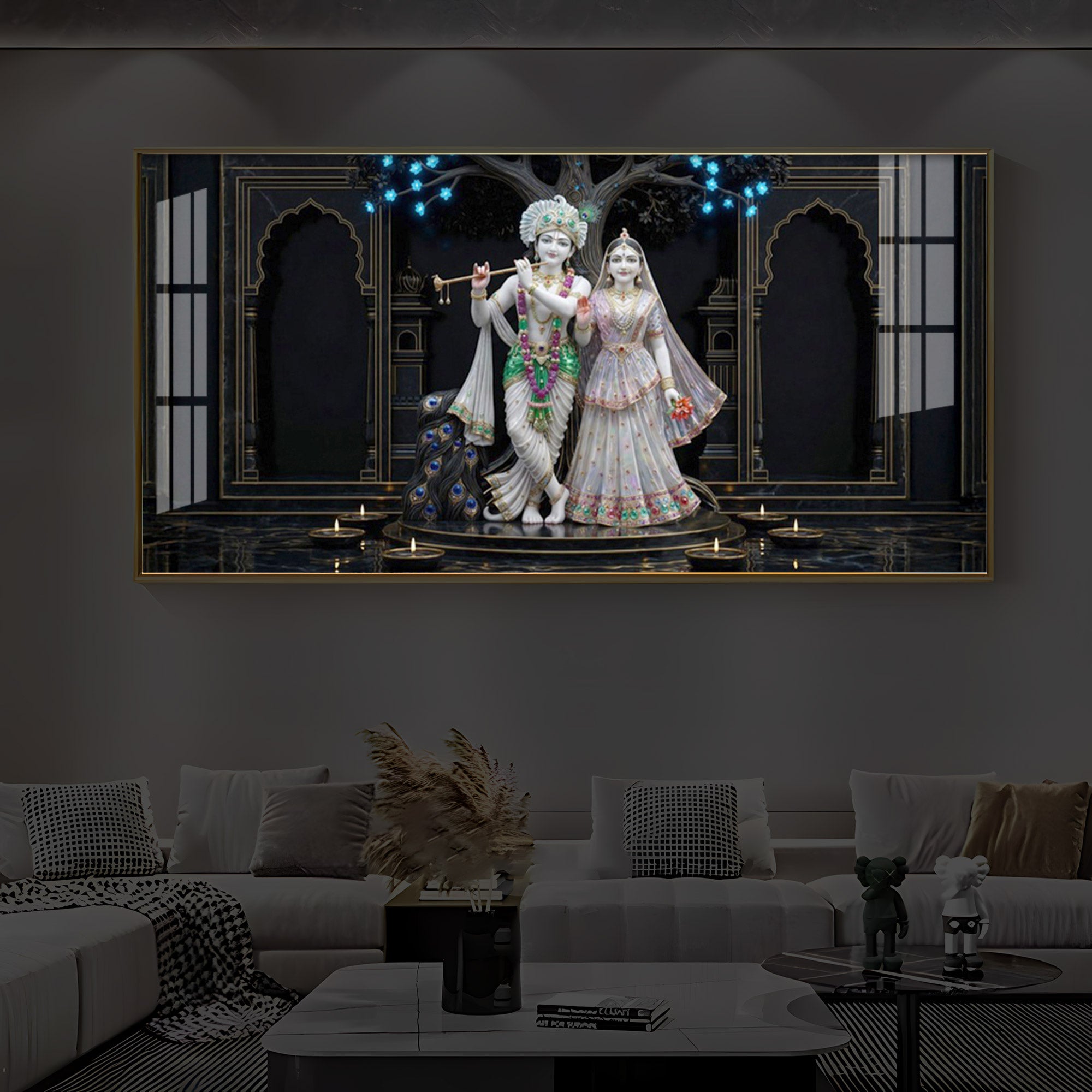 Radha Krishna With Flute Modern Luxury Backlight Horizontal Wall Art