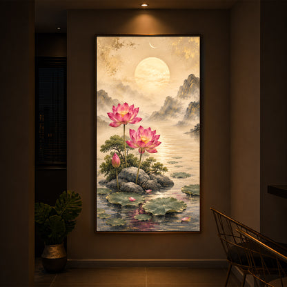 Serene Pink Lotus Landscape Modern Luxury Backlight Vertical Wall Art