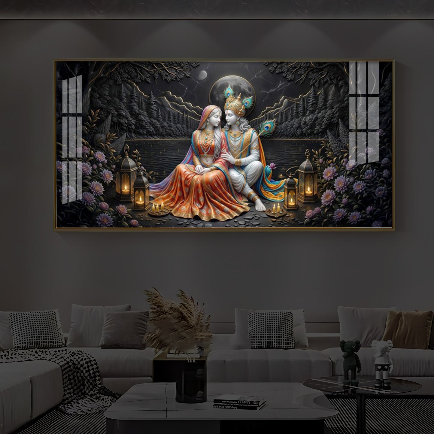Hindu Deity Radha Krishna Modern Luxury Backlight Horizontal Wall Art