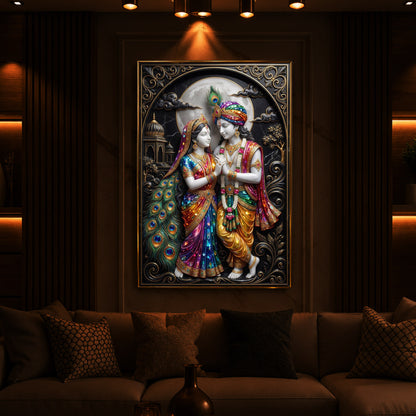 Radha Krishna With Moon Modern Luxury Backlight Vertical Wall Art