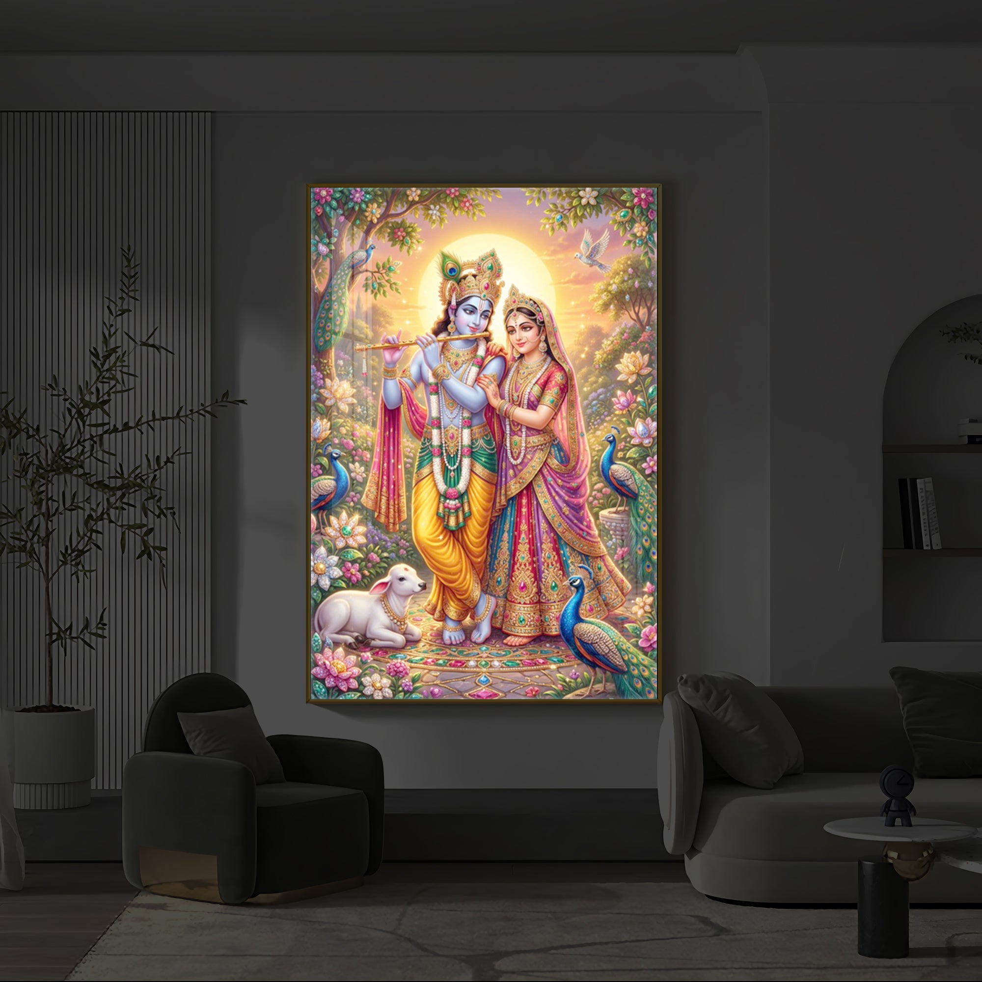 Radha Krishna Divine Harmony Modern Luxury Backlight Vertical Wall Art