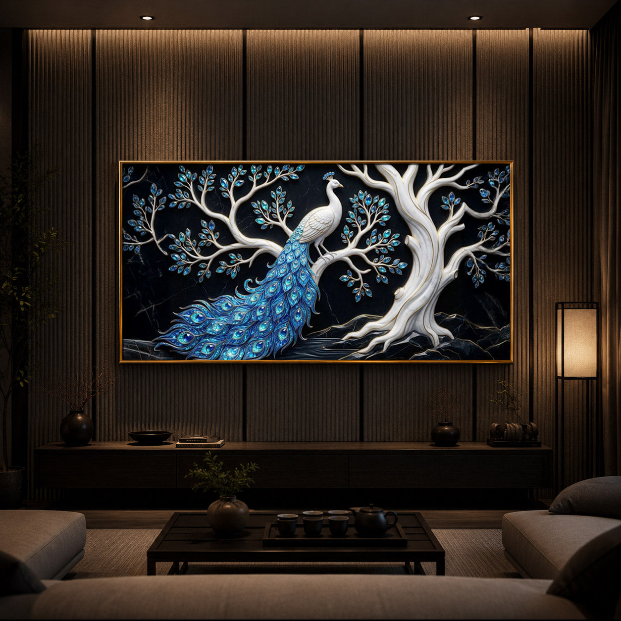 Peacock With Blue Feather Modern Luxury Backlight Horizontal Wall Art