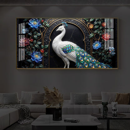 Majestic Peacock With Flower Modern Luxury Backlight Horizontal Wall Art