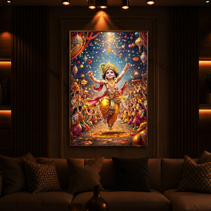Krishna Janmashtami Modern Luxury Backlight Vertical Wall Art