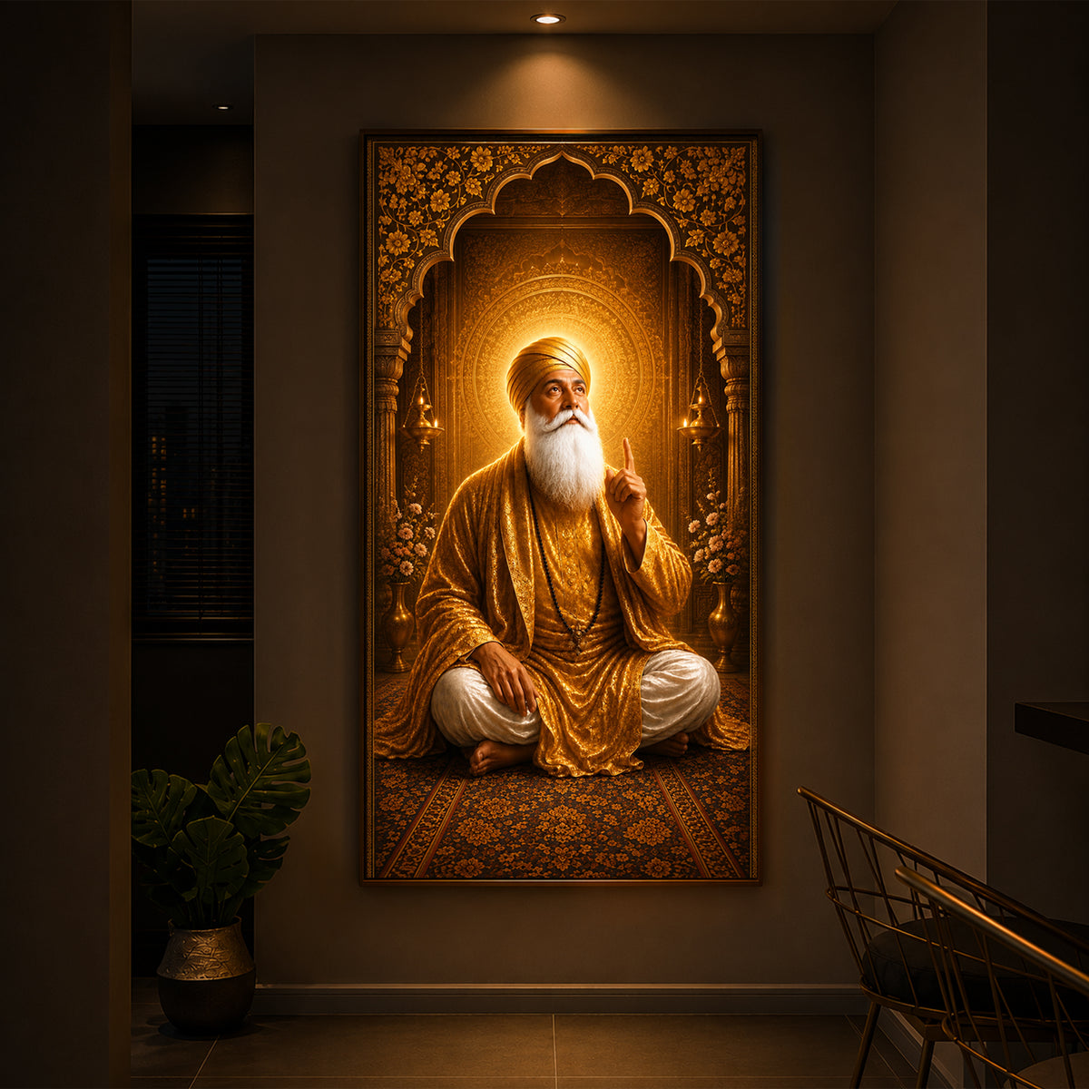 Divine Guru Nanak Dev Ji Golden Attire Modern Luxury Backlight Vertical Wall Art