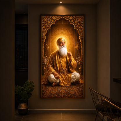 Divine Guru Nanak Dev Ji Golden Attire Modern Luxury Backlight Vertical Wall Art