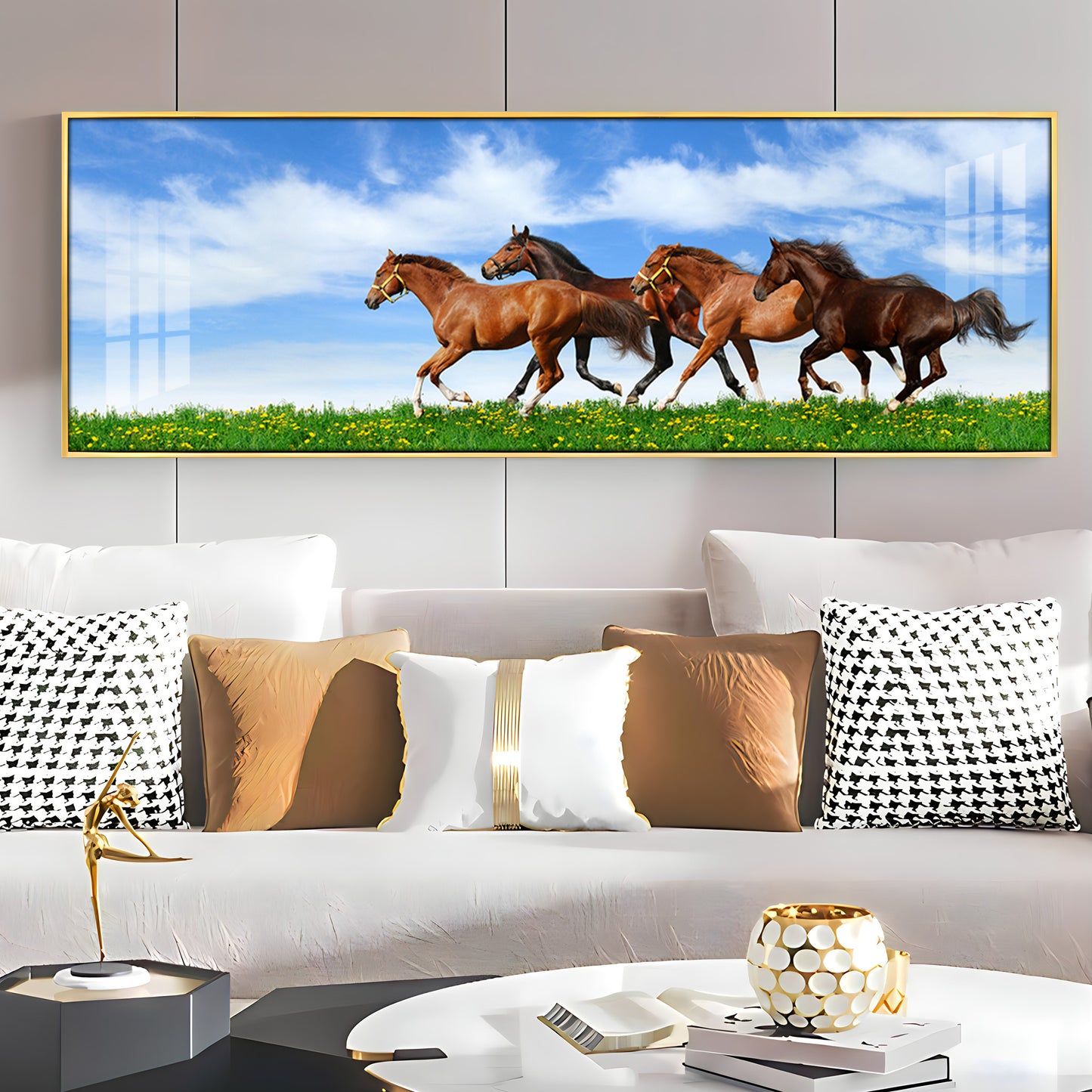 Horses In Green Grass Premium Acrylic Horizontal Wall Art