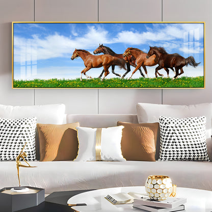 Horses In Green Grass Premium Acrylic Horizontal Wall Art