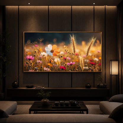 Golden Wildflower Meadow Modern Luxury Backlight Horizontal Wall Art